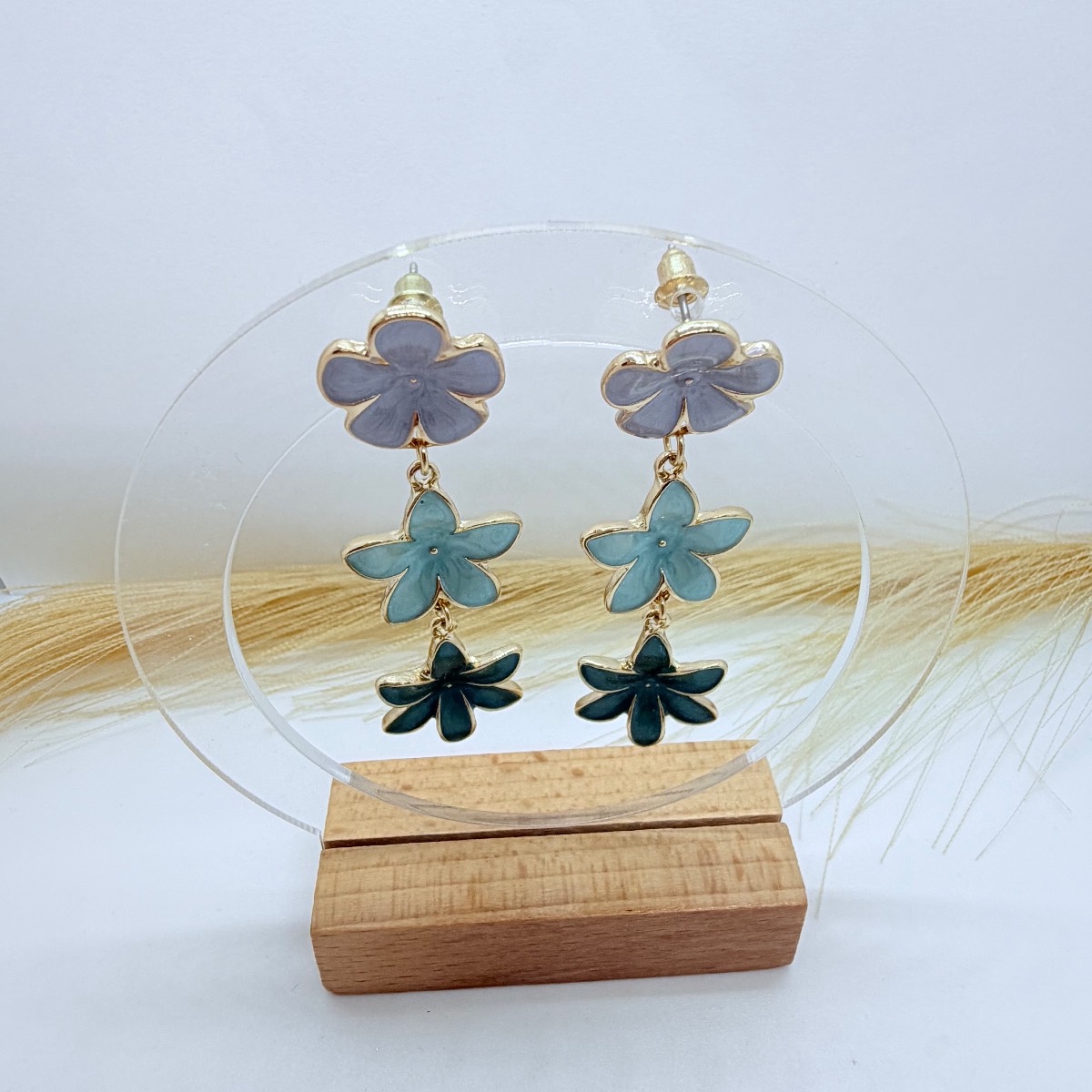 Blue Floral Drop Earrings Gold Tone Triple Flower Dangle Statement Earrings