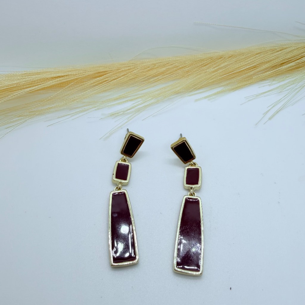 Elegant Burgundy Enamel Geometric Dangle Earrings Gold Tone Fashion Jewellery