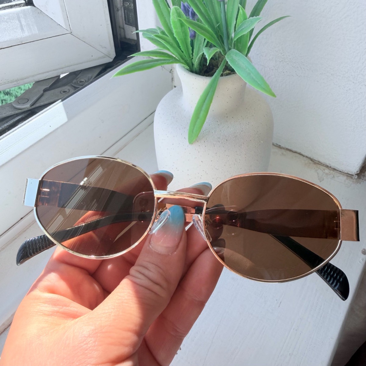 Gold Geometric Brown Lens Sunglasses Retro Vintage
