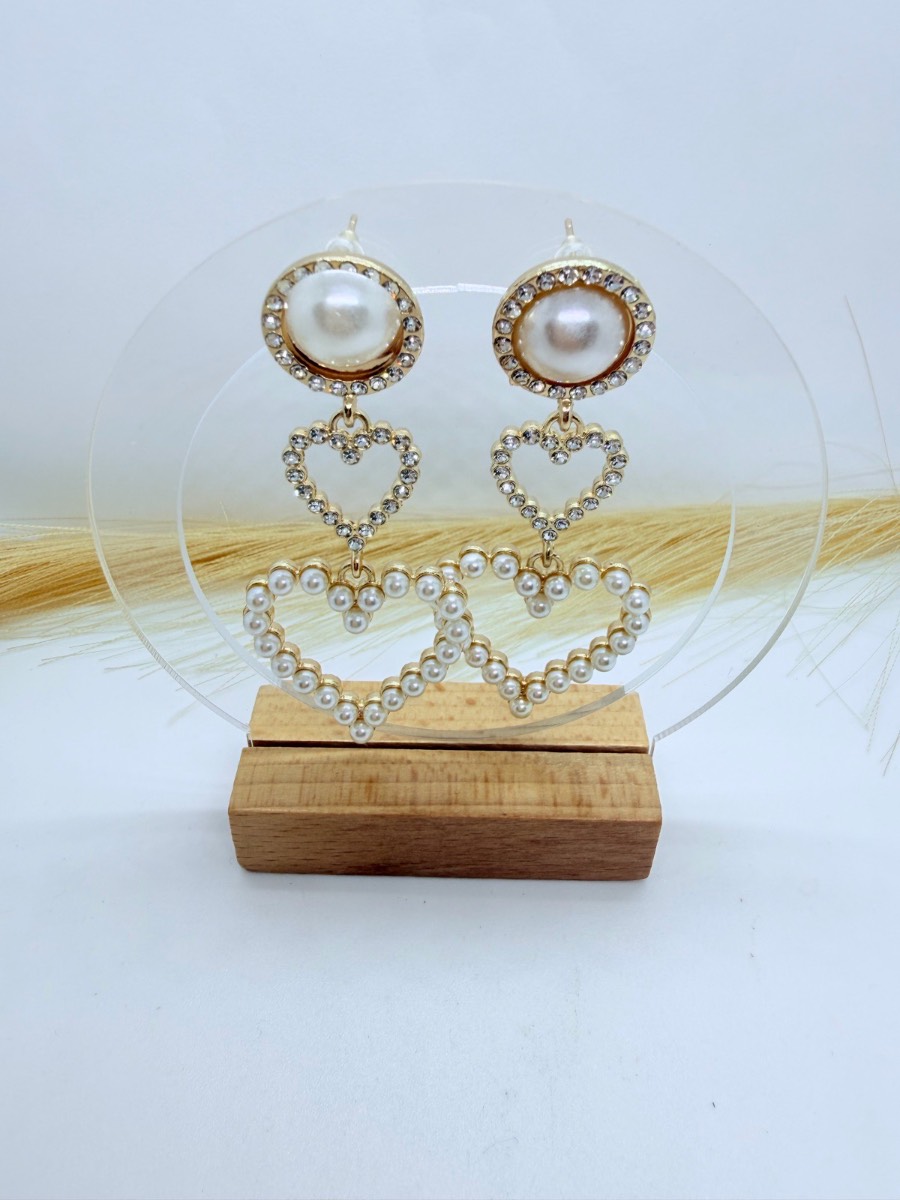 Gold Pearl Heart Drop Earrings Crystal Rhinestone Statement Earrings