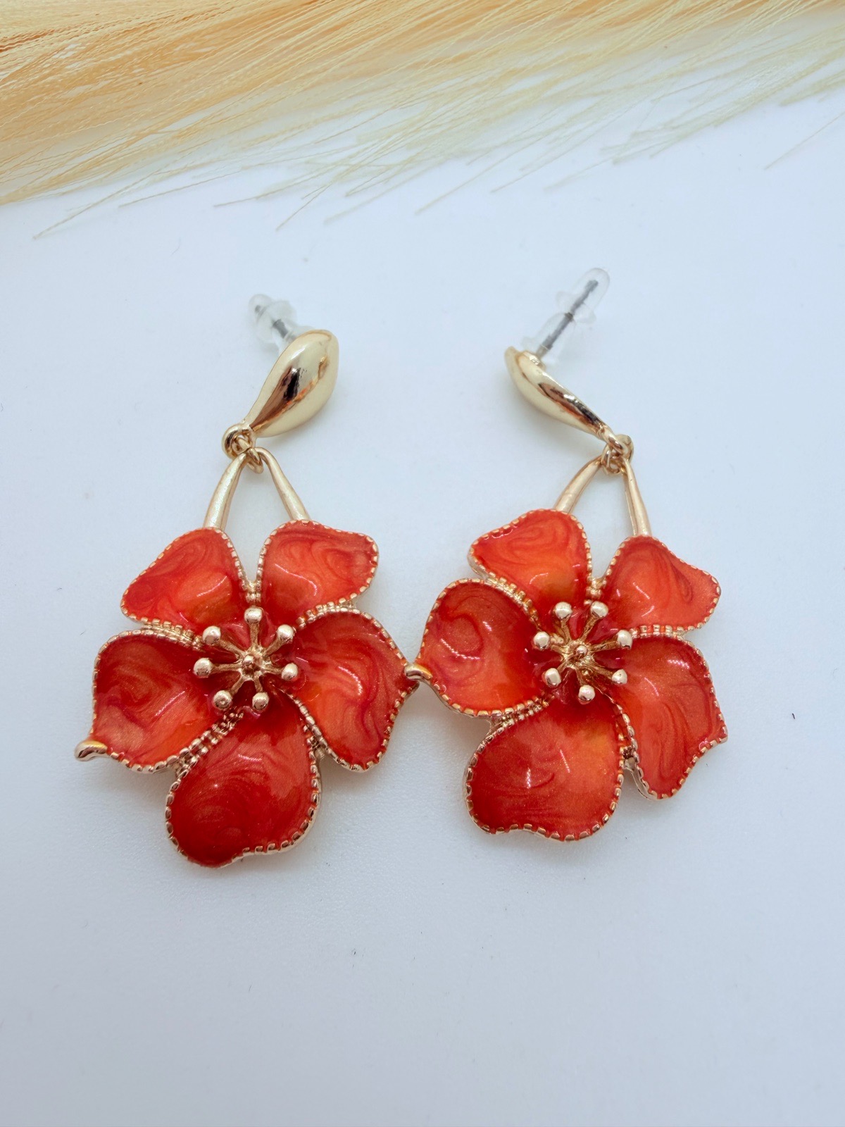 Orange Flower Drop Earrings Gold Tone Floral Statement Dangle Jewellery