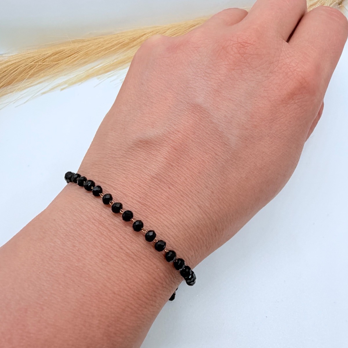 Elegant Black Crystal Bead Stretch Bracelet Gold Tone Minimalist Everyday Jewellery