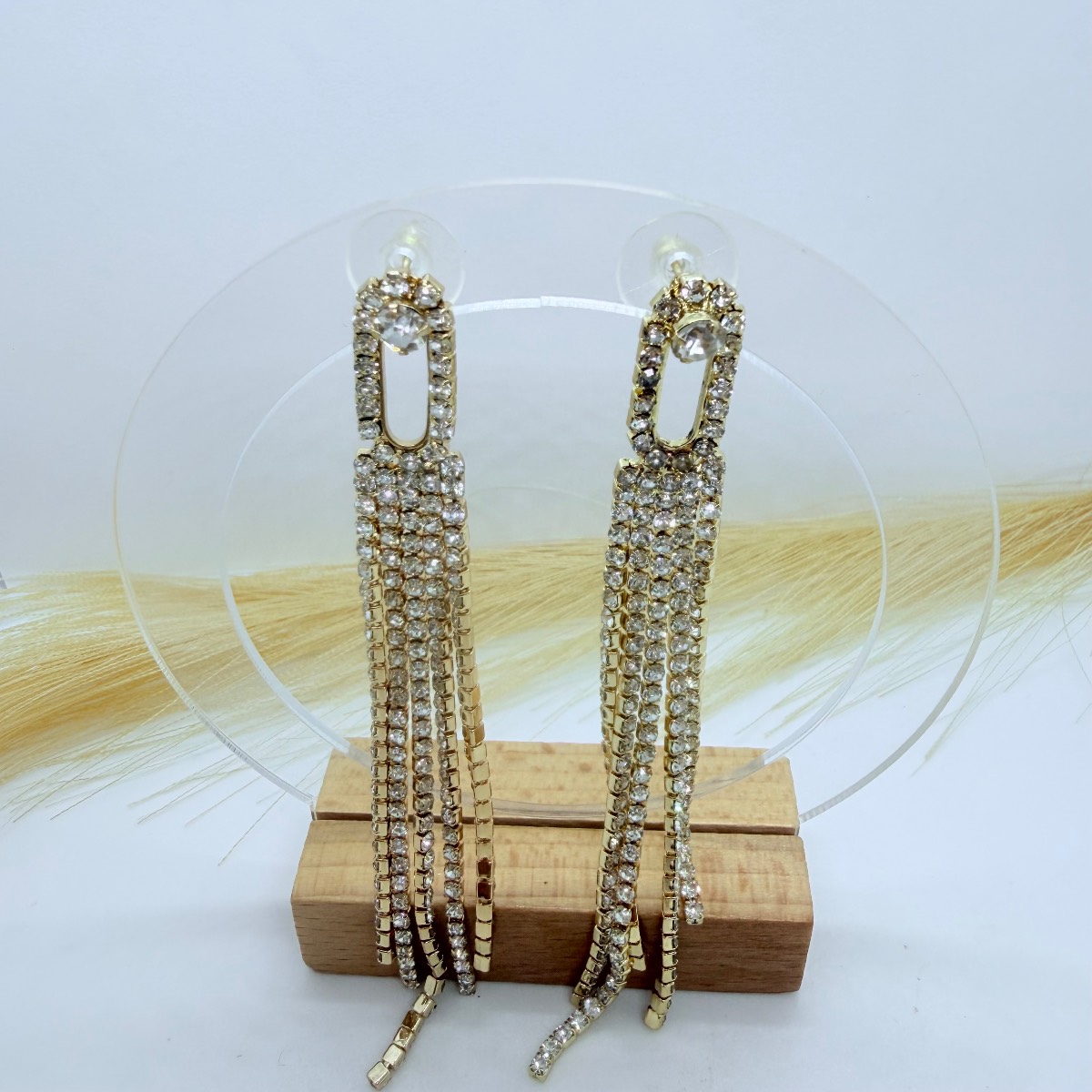 Sparkly Rhinestone Tassel Earrings Gold Tone Long Statement Earrings