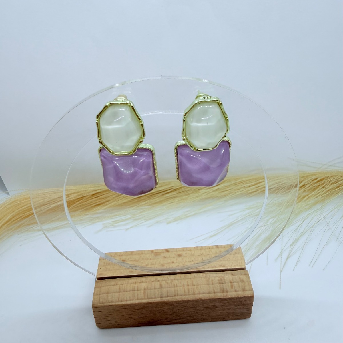 Purple White Resin Effect Statement Earrings Gold Tone Modern Jewellery
