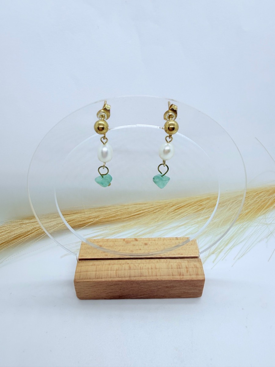 Gold Pearl & Green Natural Stone Drop Earrings