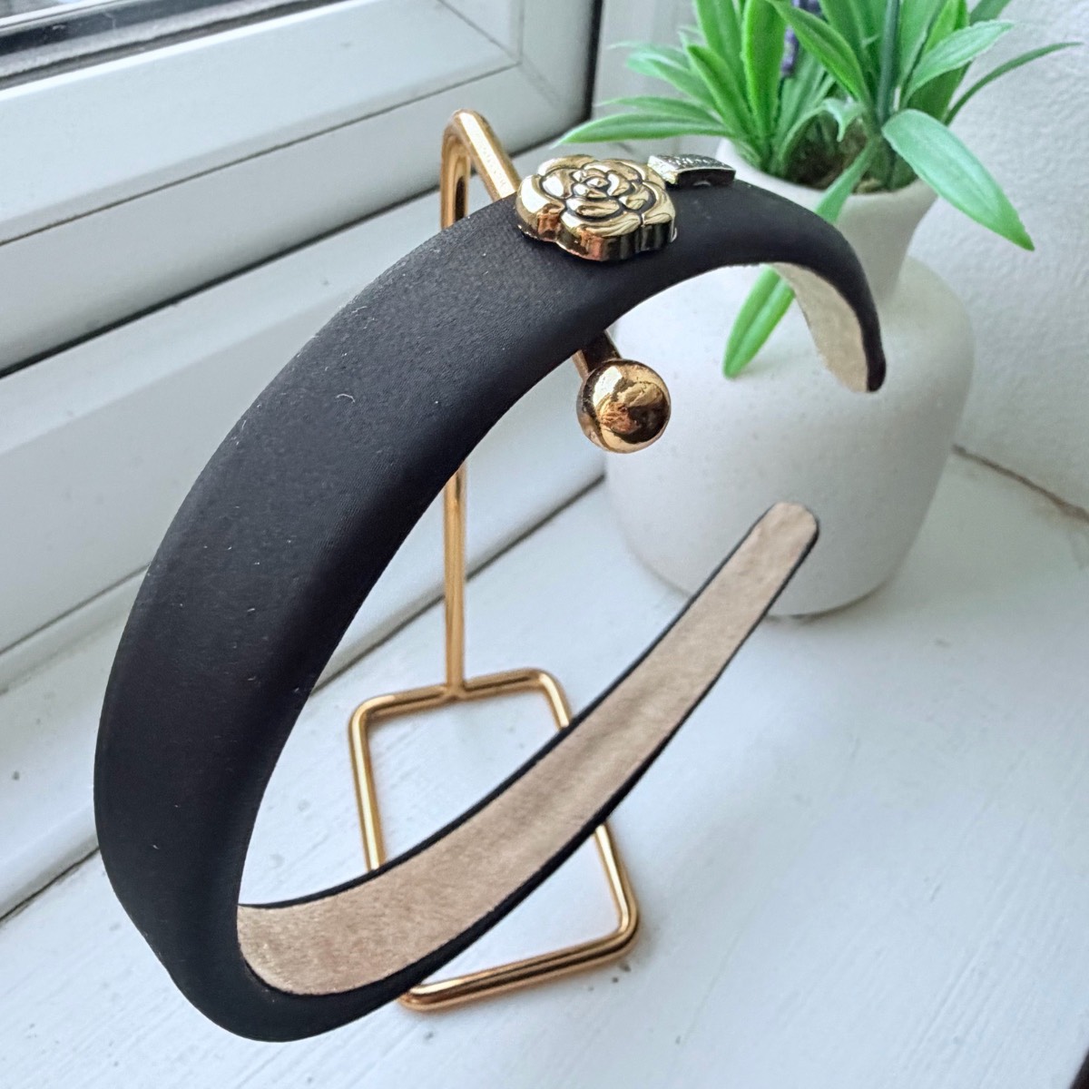Elegant Black headband with Gold Tone Rose Detail | Statement Fashion Bracelet