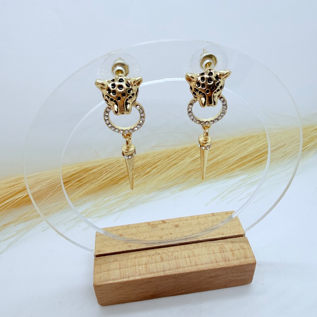 Gold Leopard Head Statement Earrings with Crystal Hoop & Spike Drop