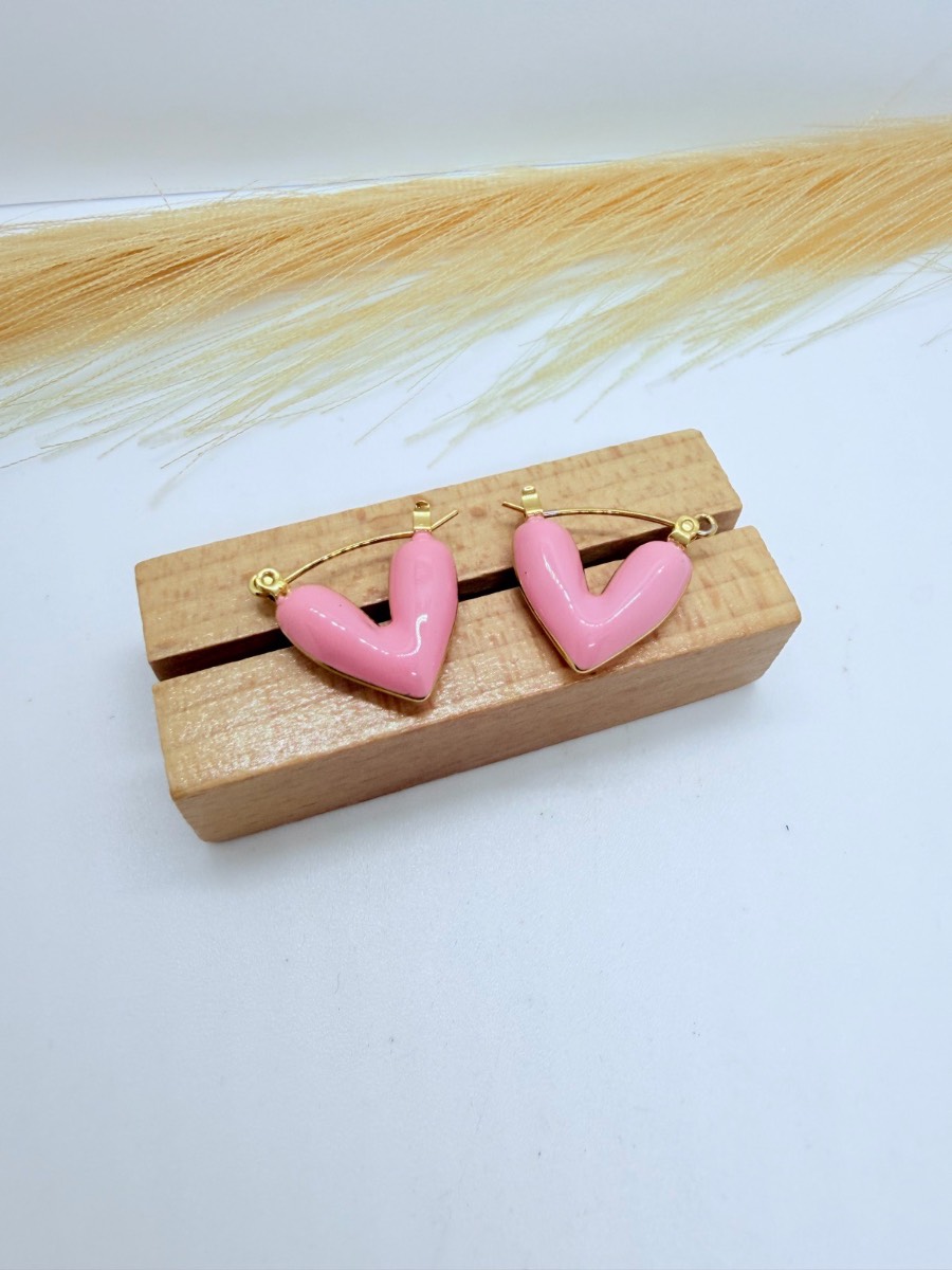 Gold Pink Heart Hoop Earrings