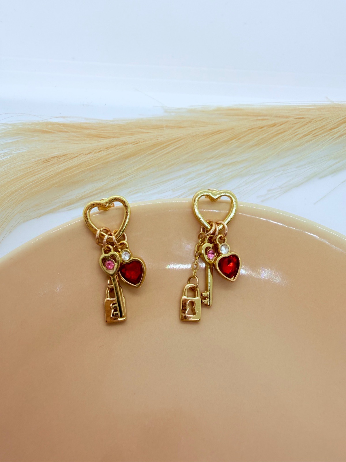 Heart Key Drop Earrings Gold Tone Red Crystal Love Charm Dangle Jewellery