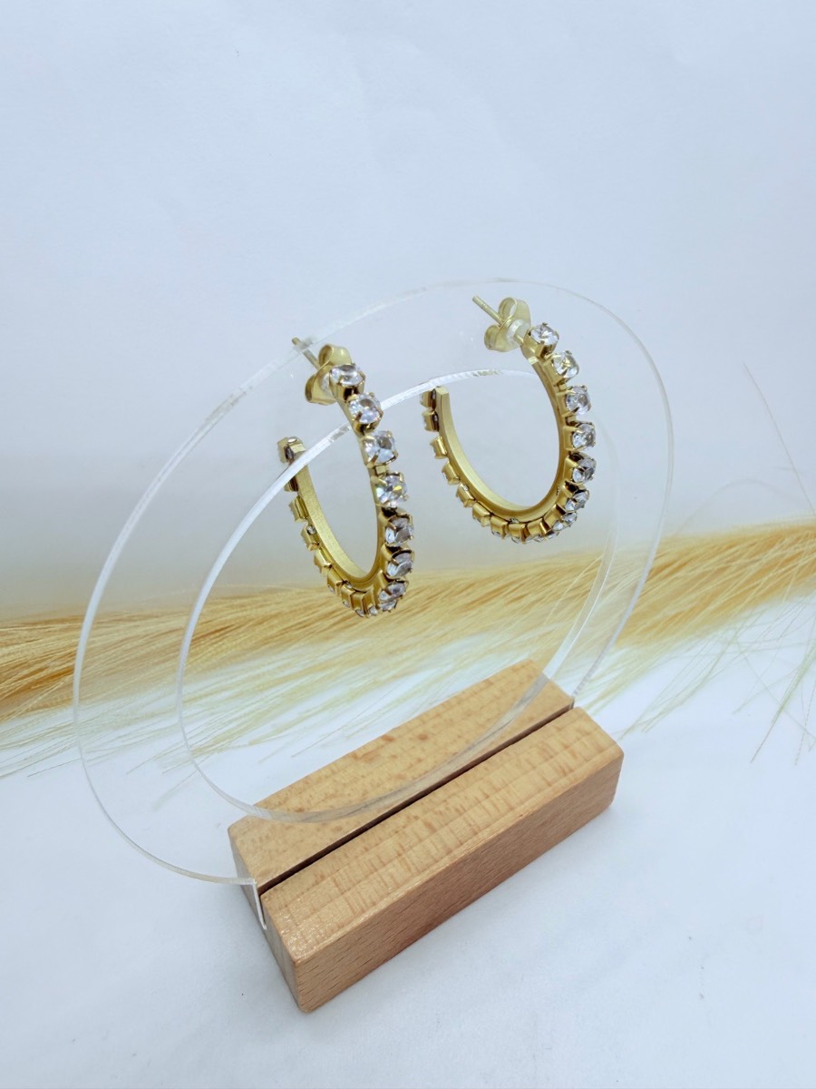 Gold Crystal Hoop Earrings Stainless Steel CZ Sparkly Elegant Jewellery