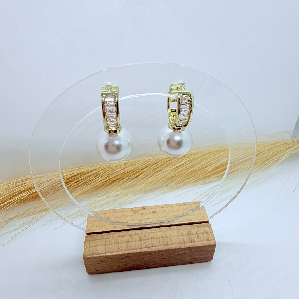 Luxury Gold Tone Pearl Earrings with Baguette CZ Crystals Huggie Hoop Wedding Party