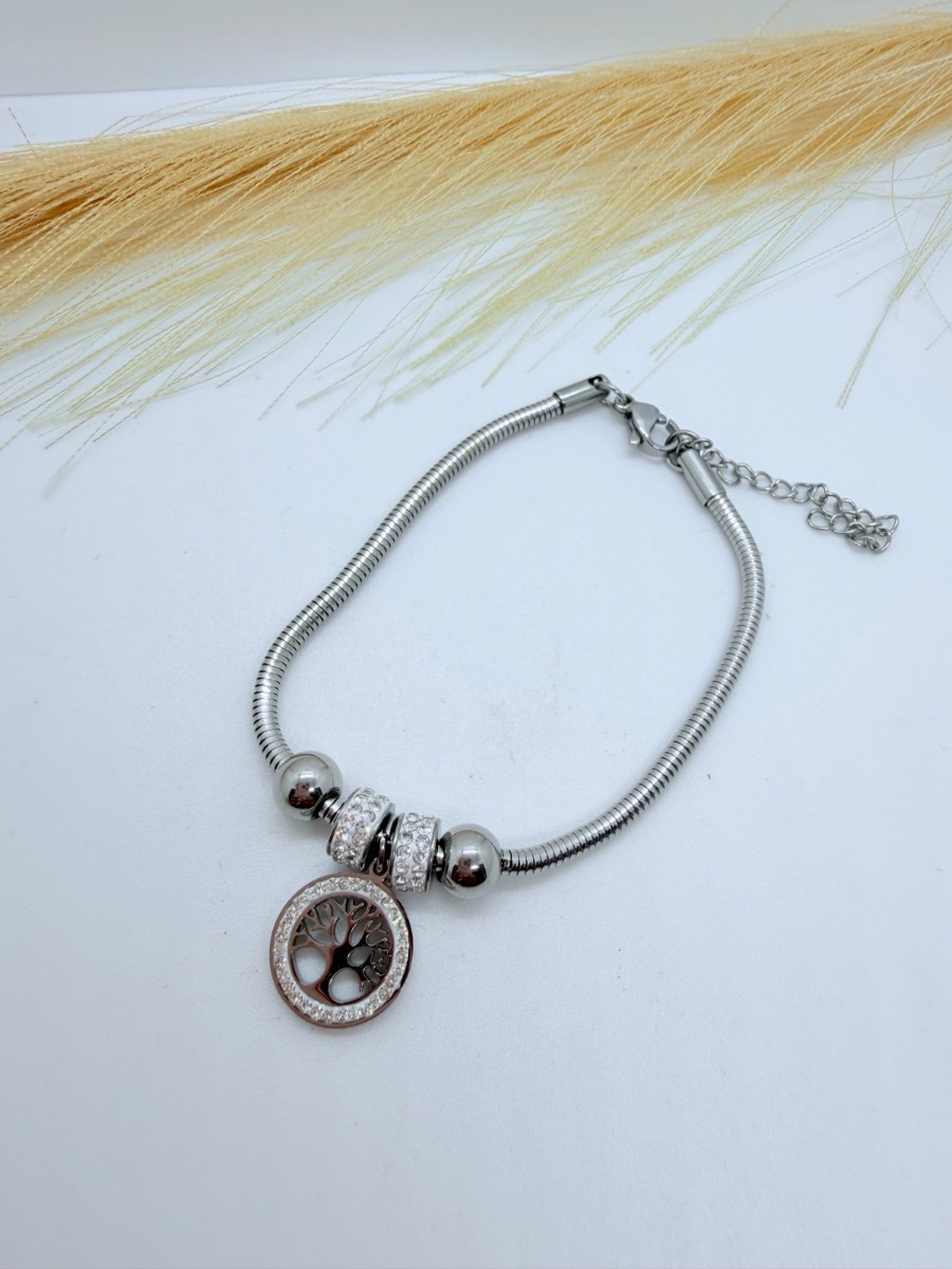 Silver Tree of Life Charm Bracelet Crystal Snake Chain Bracelet