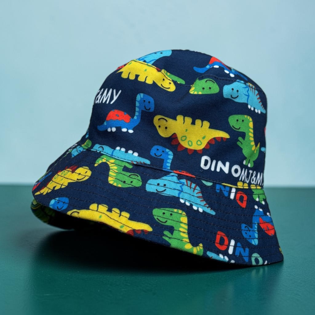 Kids blue dinosaur print adjustable bucket hat