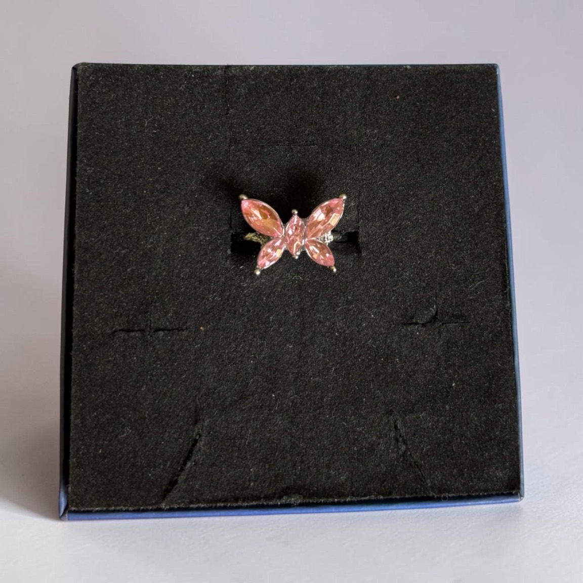 Silver tone crystal pink butterfly adjustable ring
