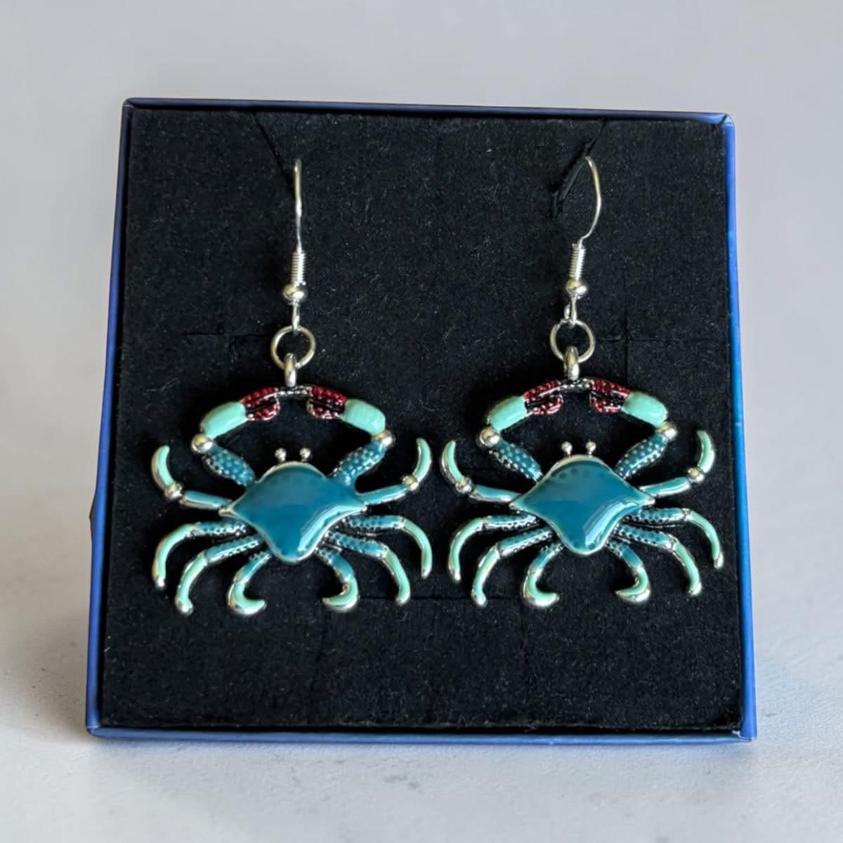 Handmade 925 sterling silver hook earrings blue crab pendants