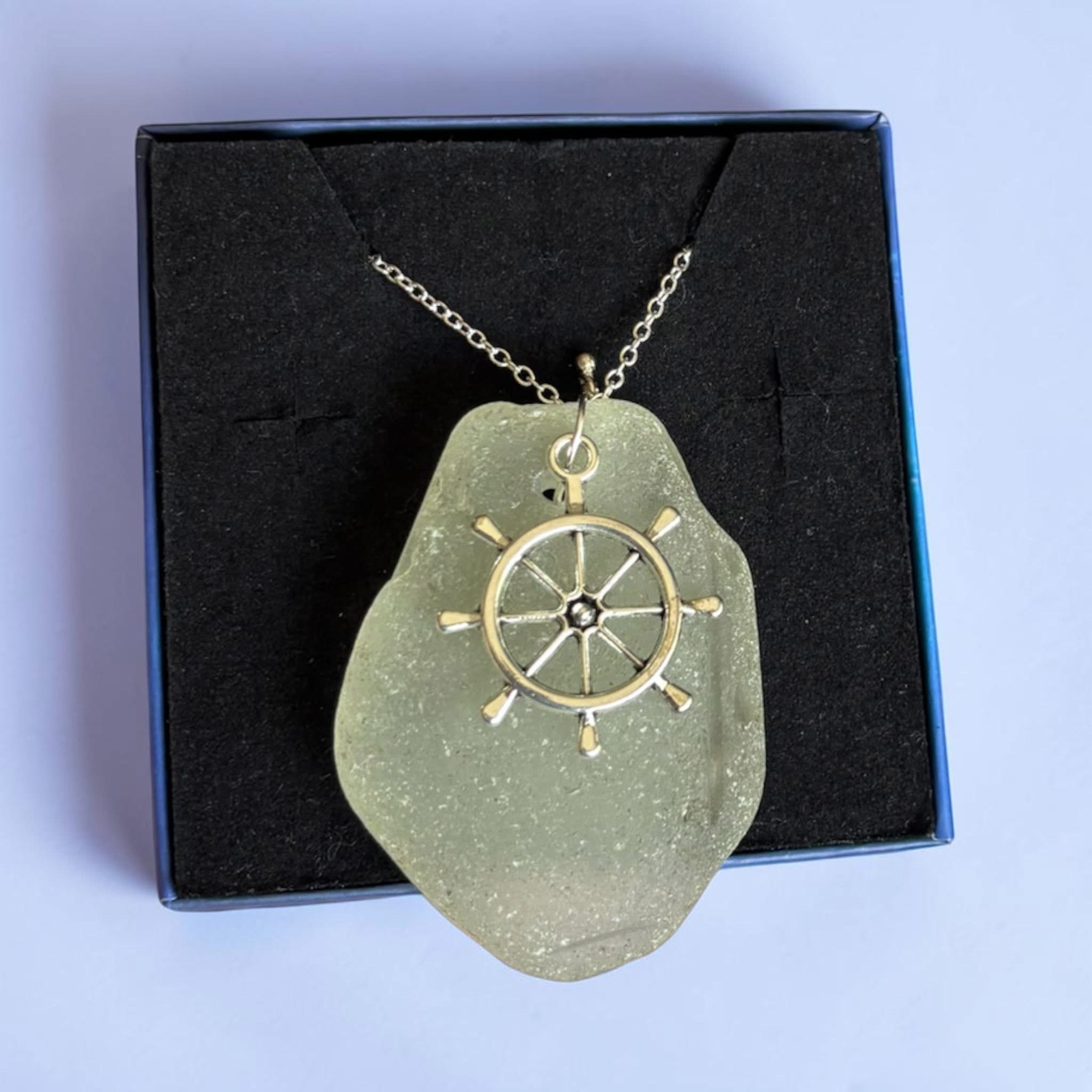 Handmade 925 sterling silver chain necklace gorgeous large chunky sea glass pendant