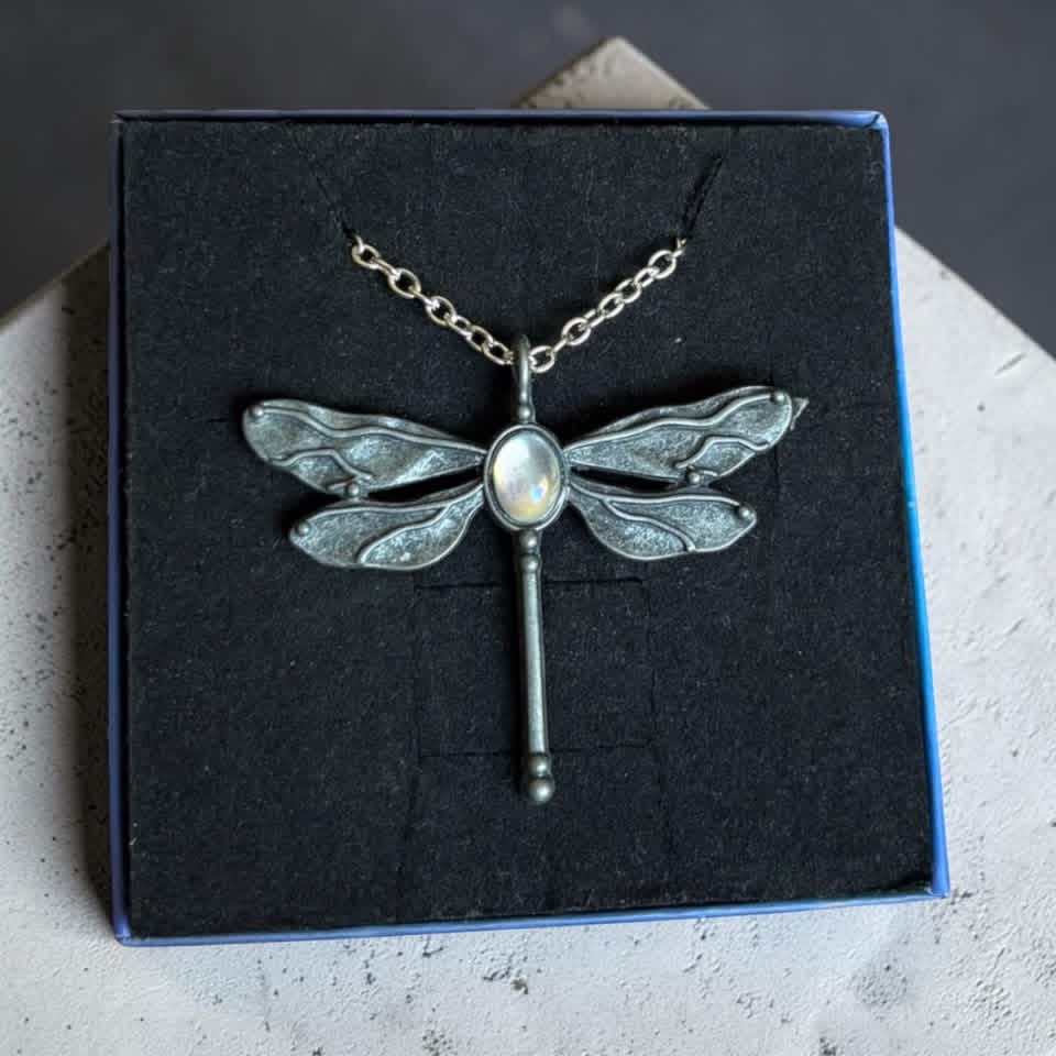 Handmade stainless steel moonstone dragonfly pendant necklace