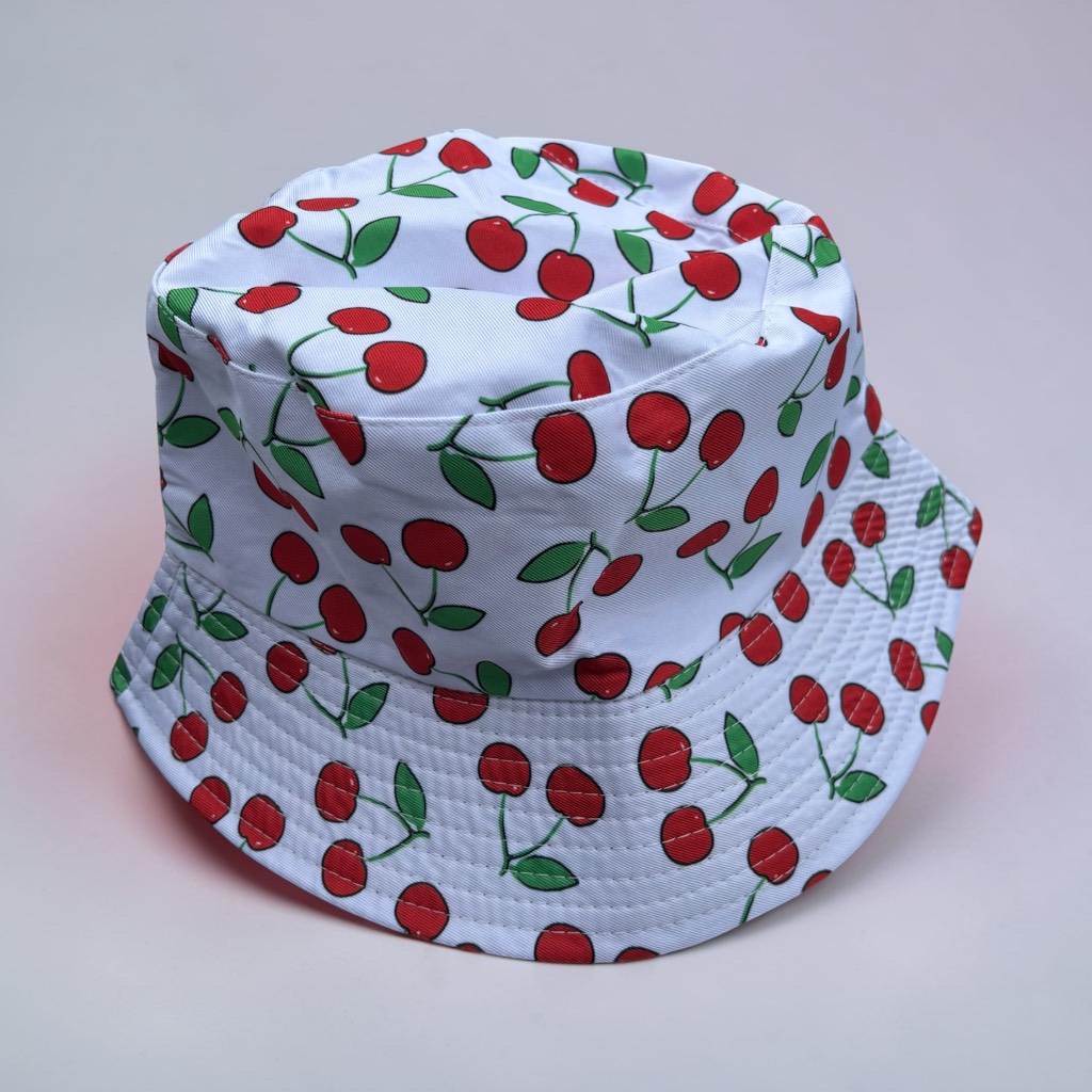 White cherry print one size adults bucket hat