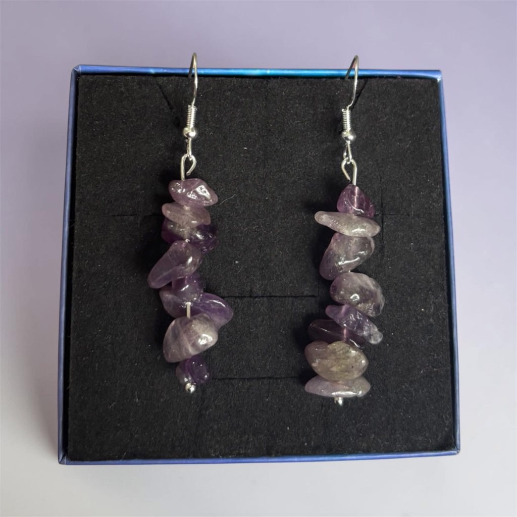 Handmade 925 sterling silver hook earrings amethyst stone chips pendants