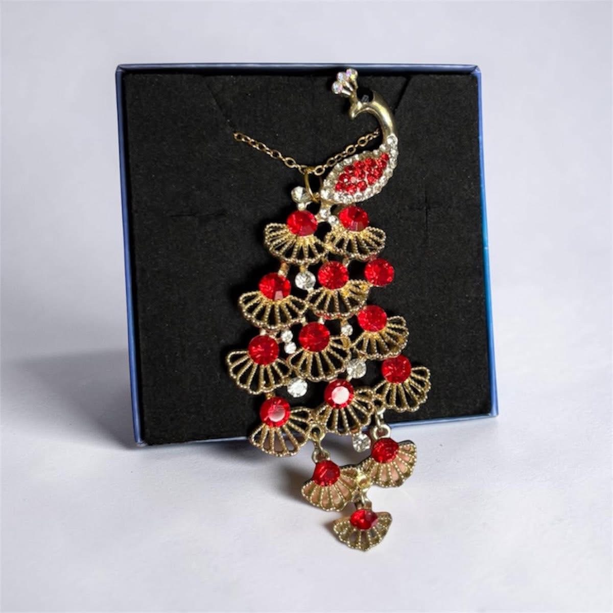 Handmade gold tone red crystal peacock pendant necklace