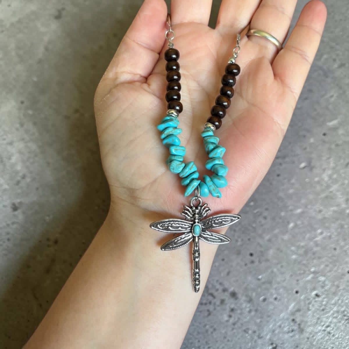 Handmade gorgeous turquoise stone dragonfly pendant necklace