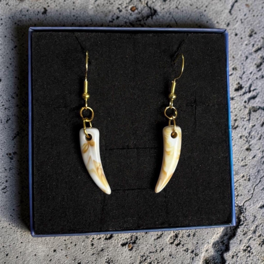 Handmade real gold hook earrings faux wolf tooth pendants