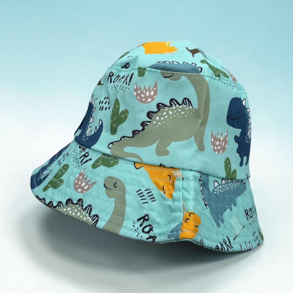 Kids turquoise dinosaur print adjustable bucket hat 3-5 years