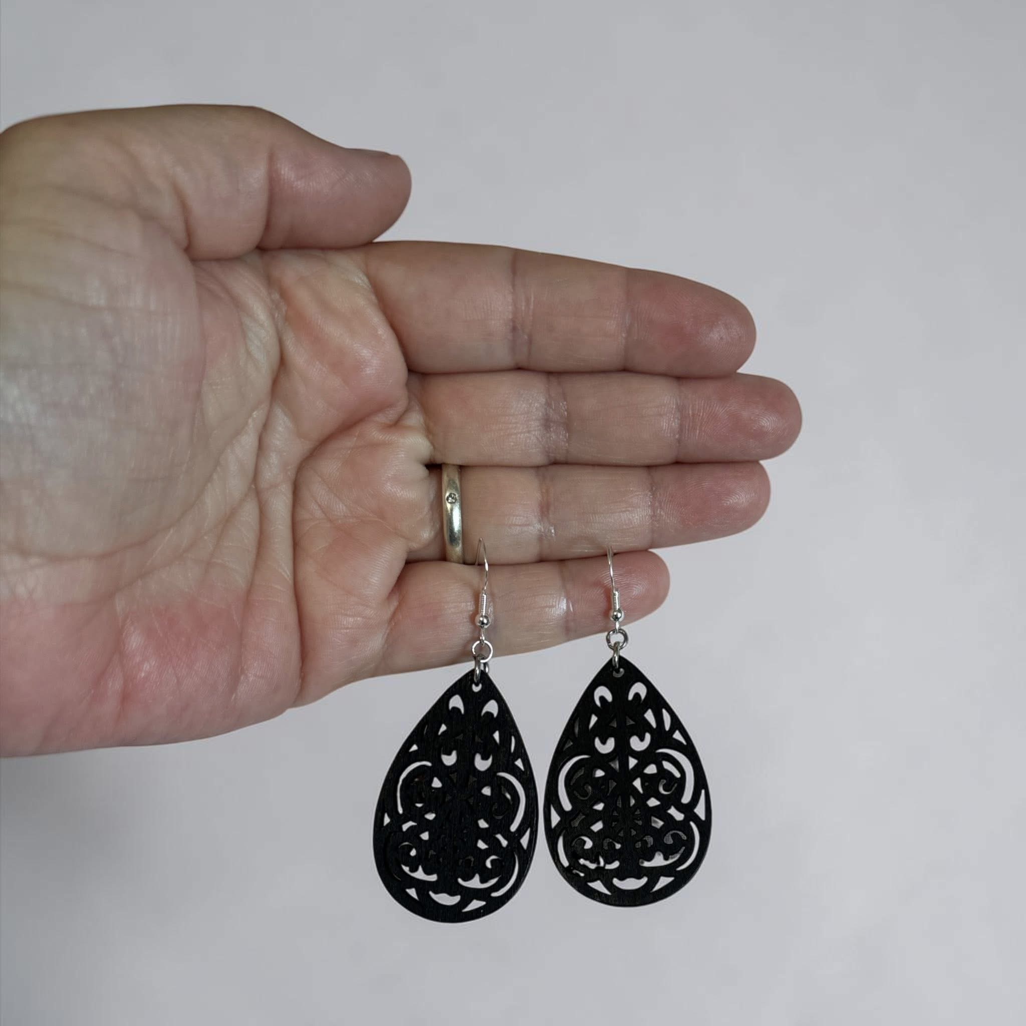 Handmade 925 sterling silver hook earrings wooden laser cut tear drop pendants