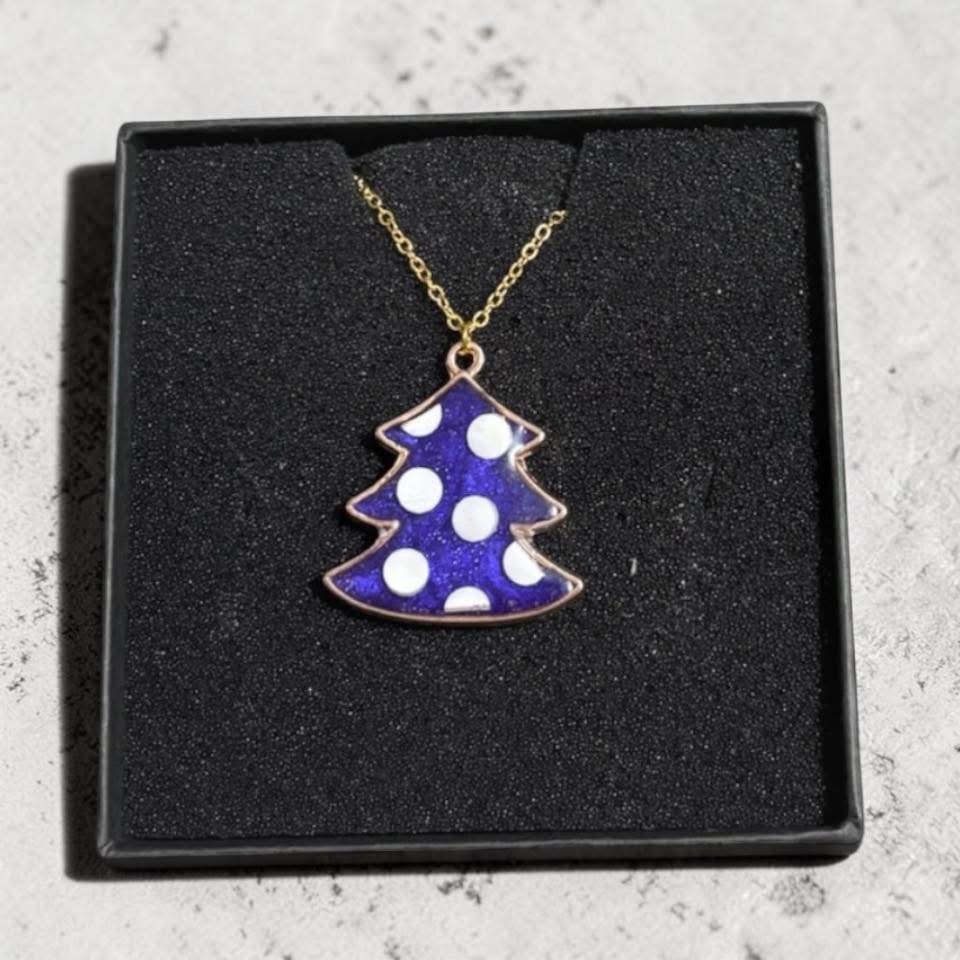 Handmade gold tone chain necklace resin purple polka dot tree pendant