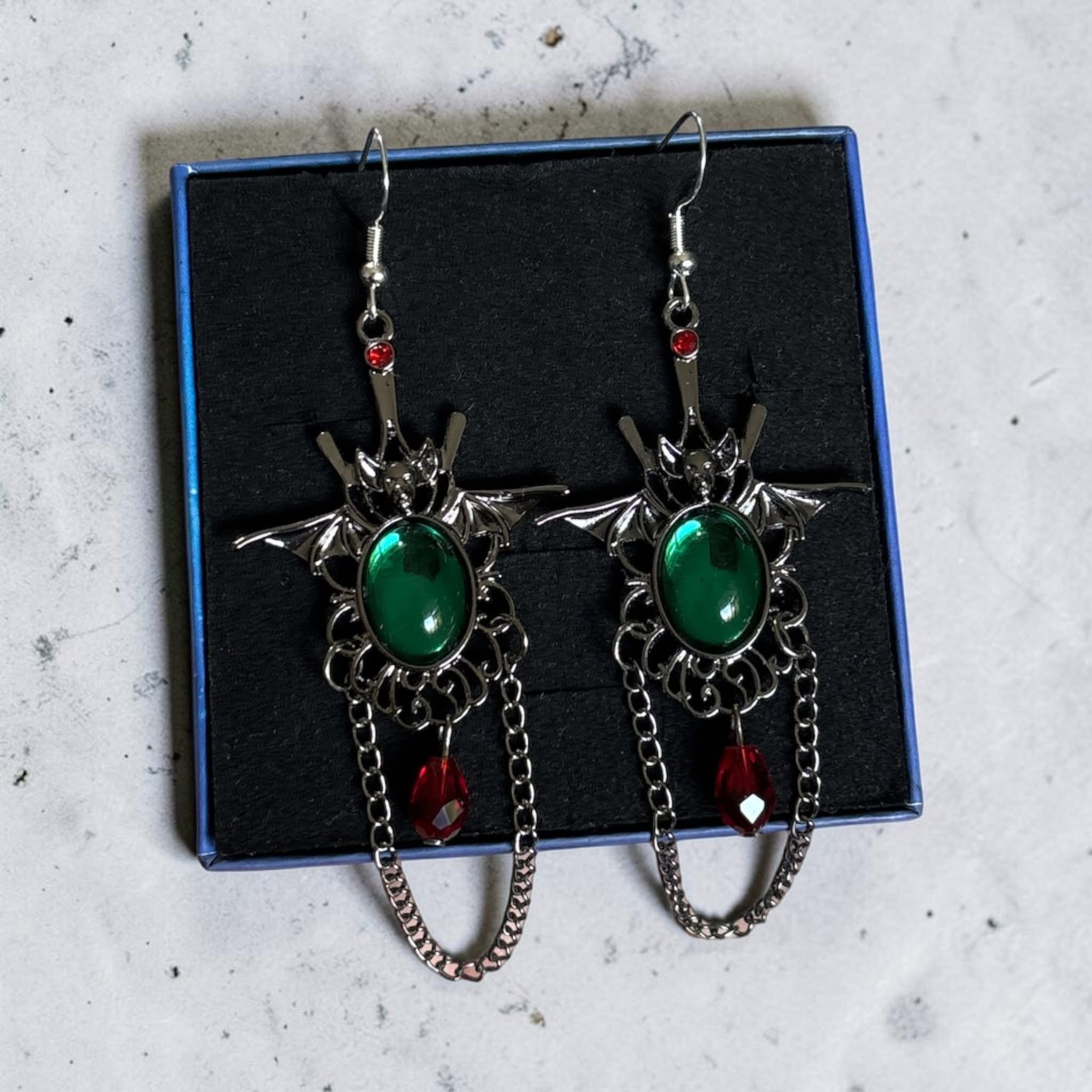 Handmade 925 sterling silver hook earrings bat faux gem gunmetal chain pendants