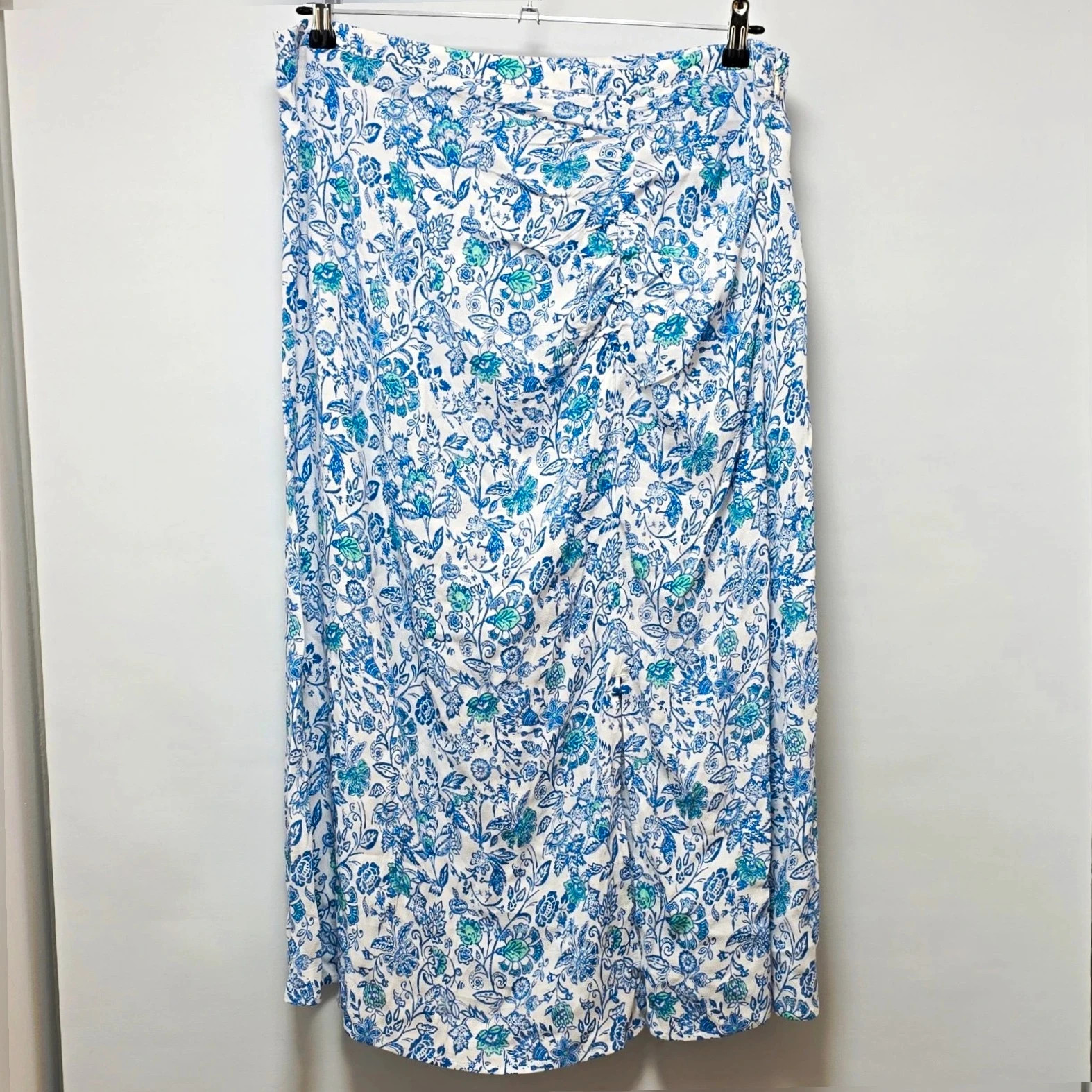 Per Una Blue White Green Floral Viscose Midi A-line Skirt Zip UK 18 Regular