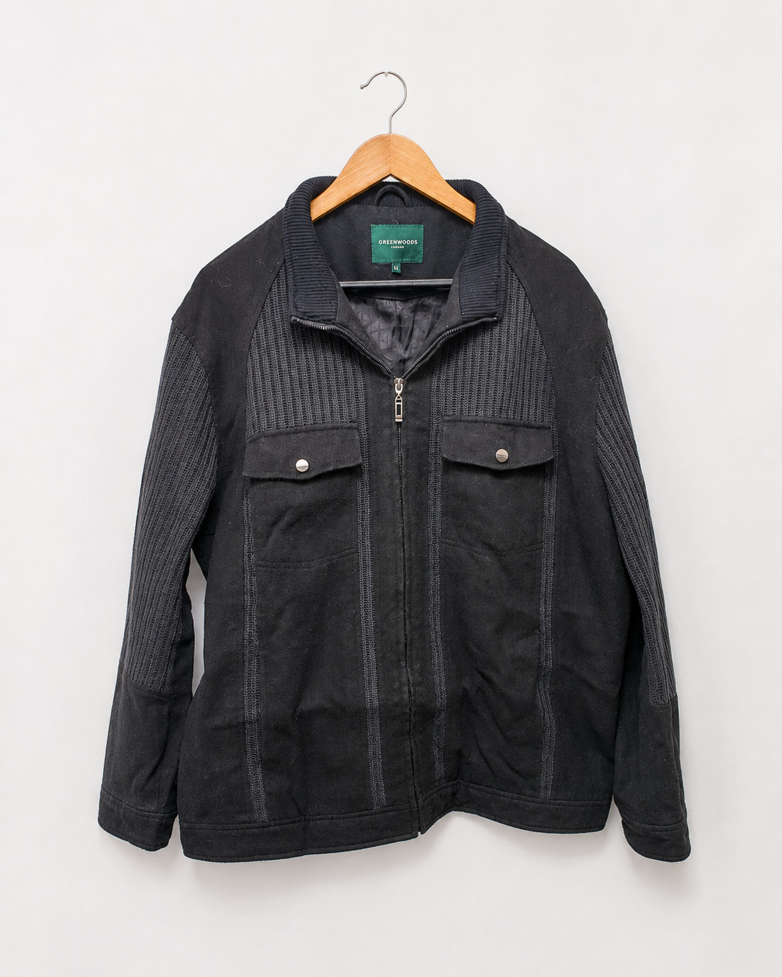 Greenwoods Mens Black Wool Blend Lined Zip Up Jacket Pockets XL