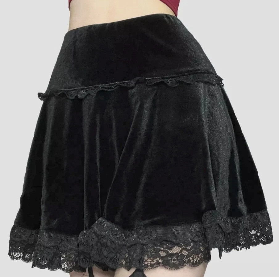 Black Velvet Lace Trim Mini Skirt Goth Grunge Alternative Y2K Size L