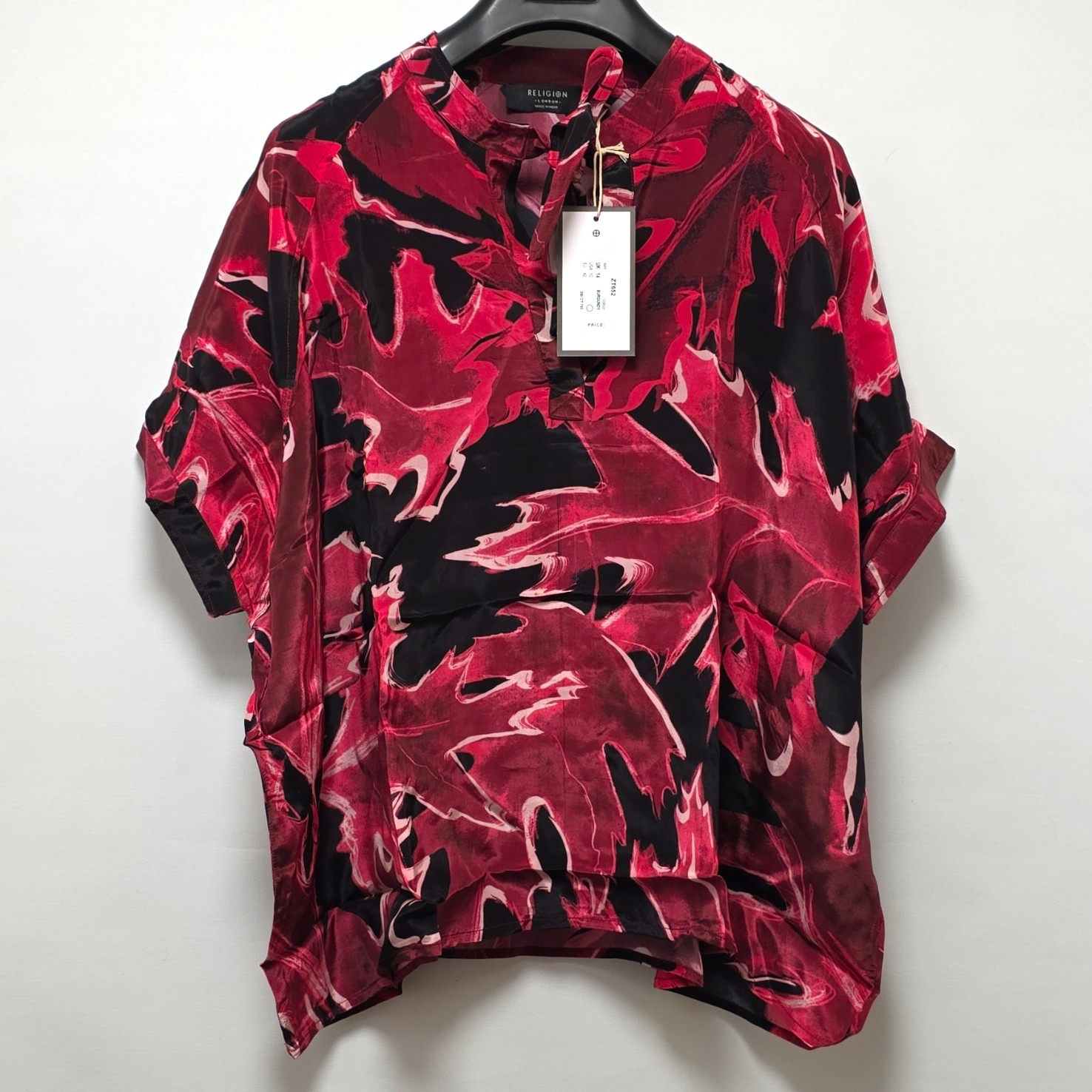 Religion Womens Burgundy Black Abstract Satin Tie Neck Blouse Top UK 28/30 NWT