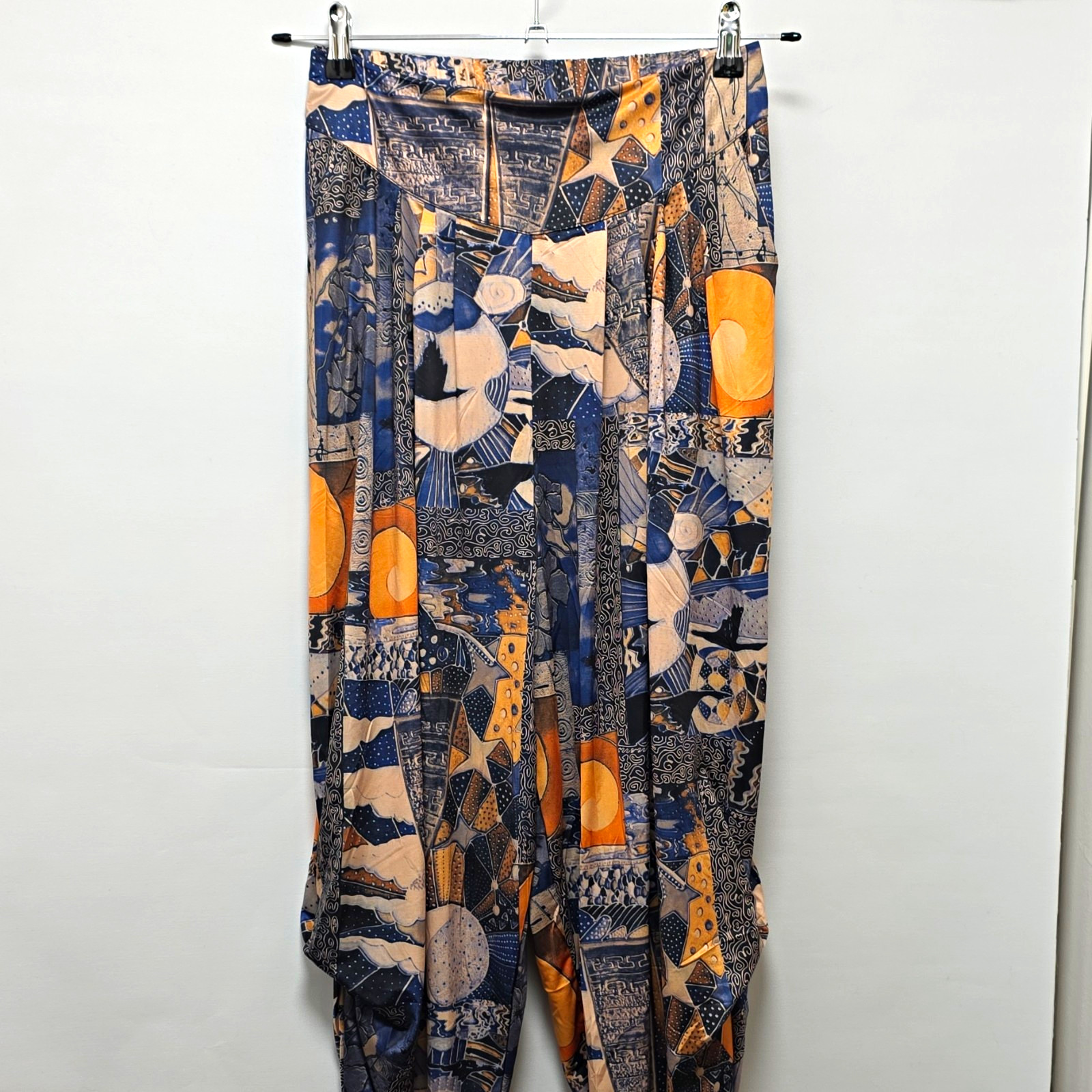 Blue Abstract Boho Festival Harem Trousers Elastic Waist Stretch L/XL