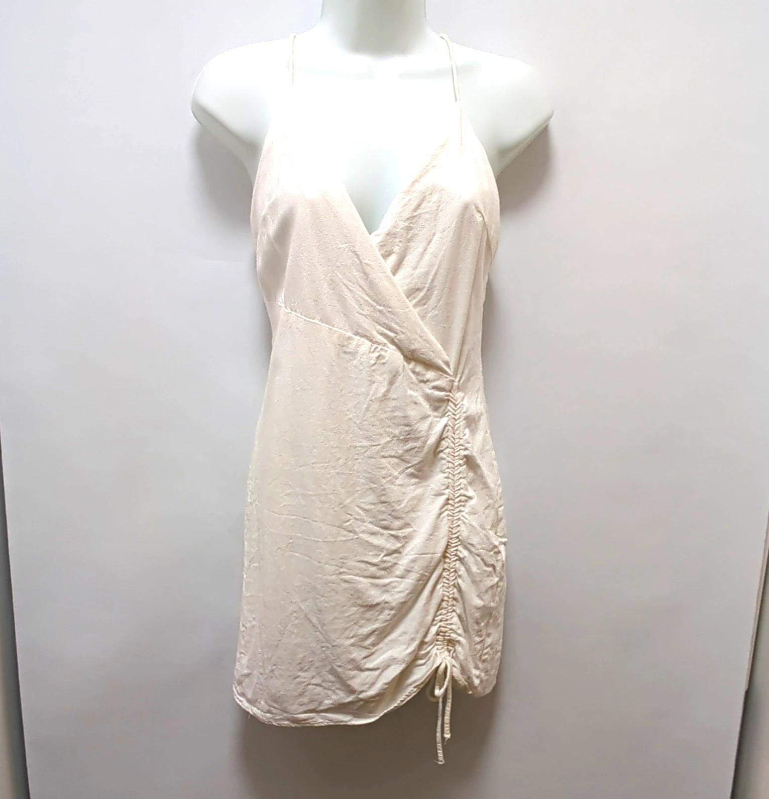 Bershka White Linen Blend Ruched Strappy V-neck Slip Mini Dress Size L
