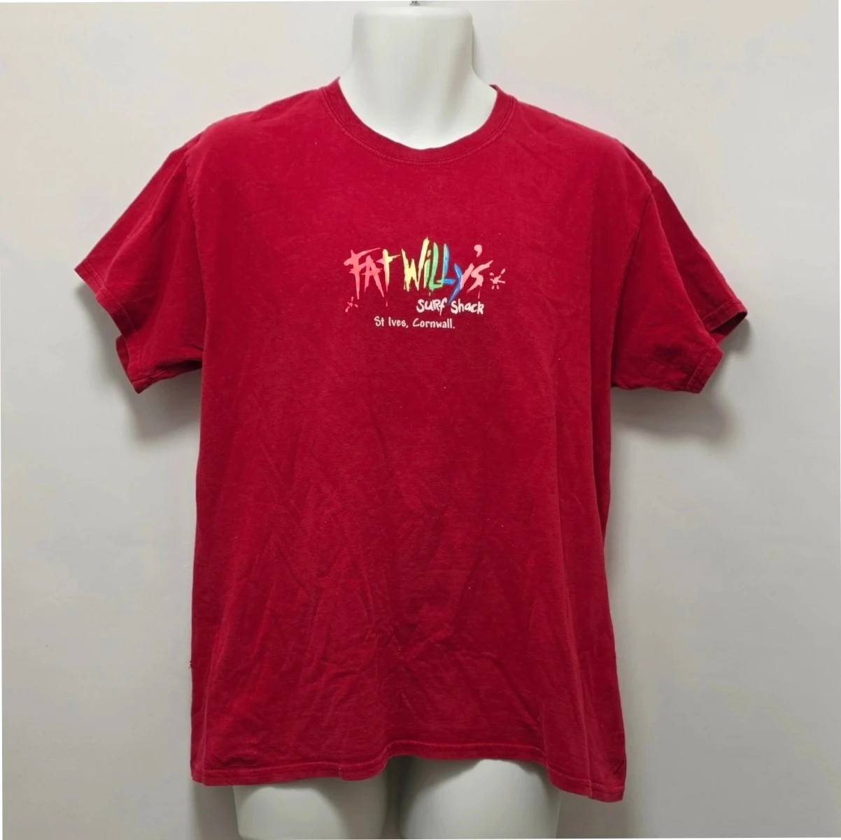 Gildan Heavy Cotton Red Surf Shack Graphic Print Crew Neck T-shirt Mens L