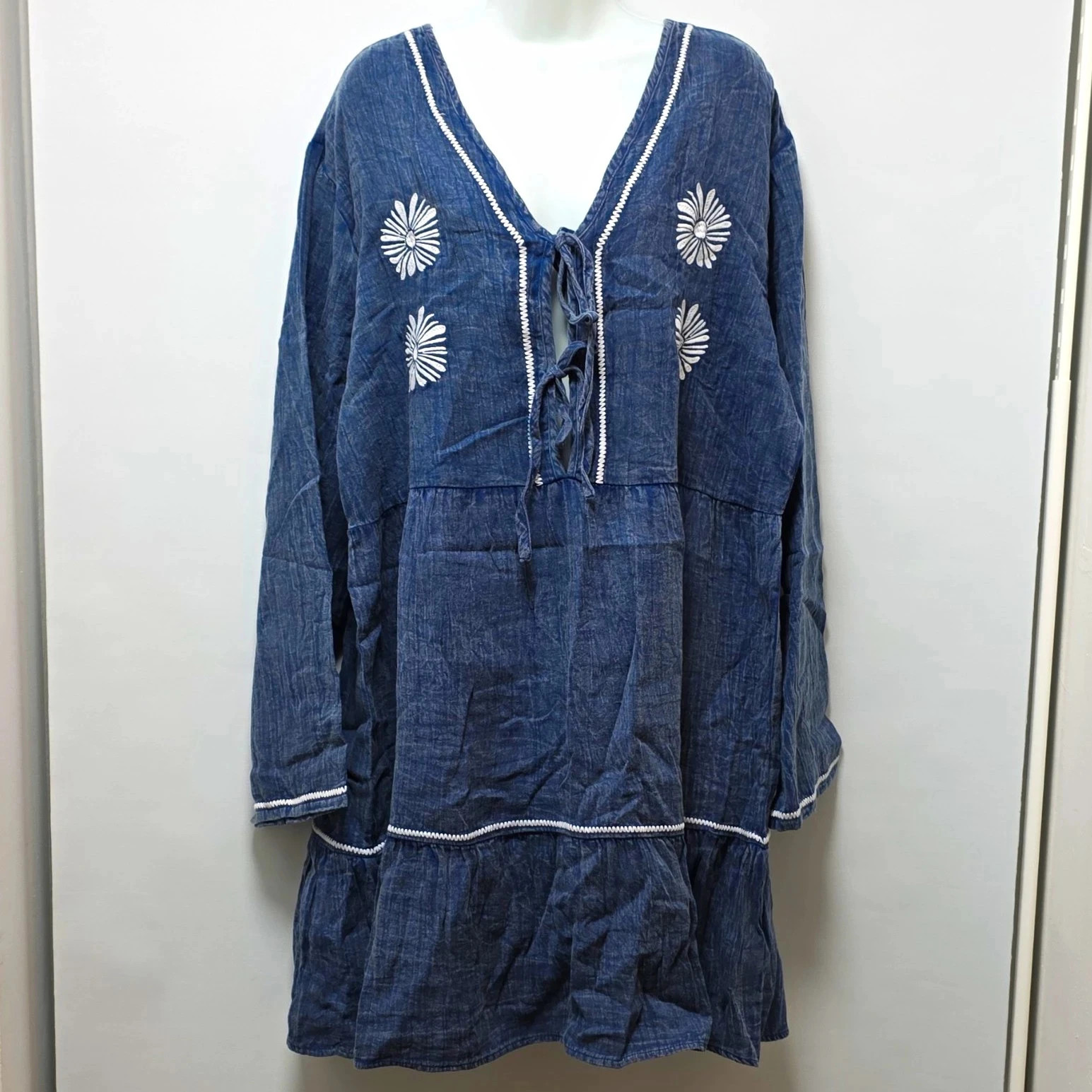 Native Youth Navy Floral Embroidered Cotton Tunic Denim Smock Dress UK 20 Boho