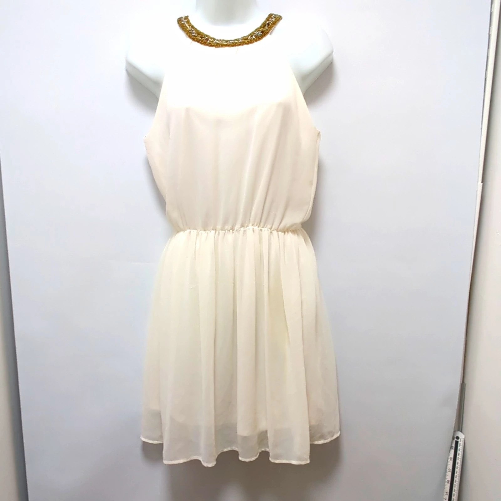 Zara Ivory Halter Beaded Chiffon Fit & Flare Short Dress Size XS