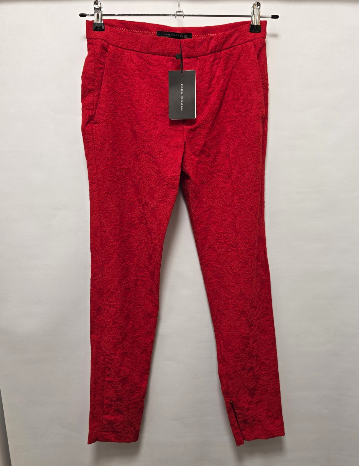 Zara Woman Red Floral Jacquard Lace Skinny Trousers Zip Ankle Hem Pockets XS