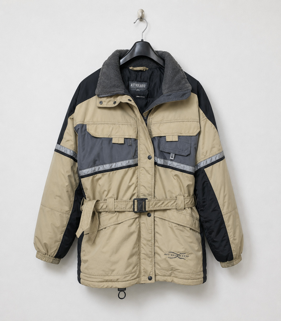 Vintage Astrolabio Gear Mens Beige Black Belted Ski Parka Jacket Zip Size 48