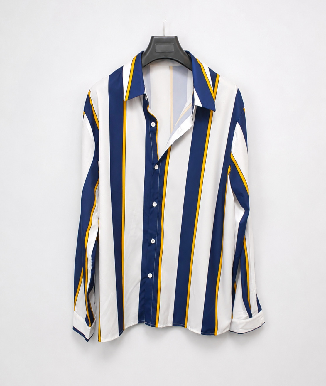 Men’s White Blue Yellow Striped Woven Button-Up Shirt Long Sleeve Collared 2XL