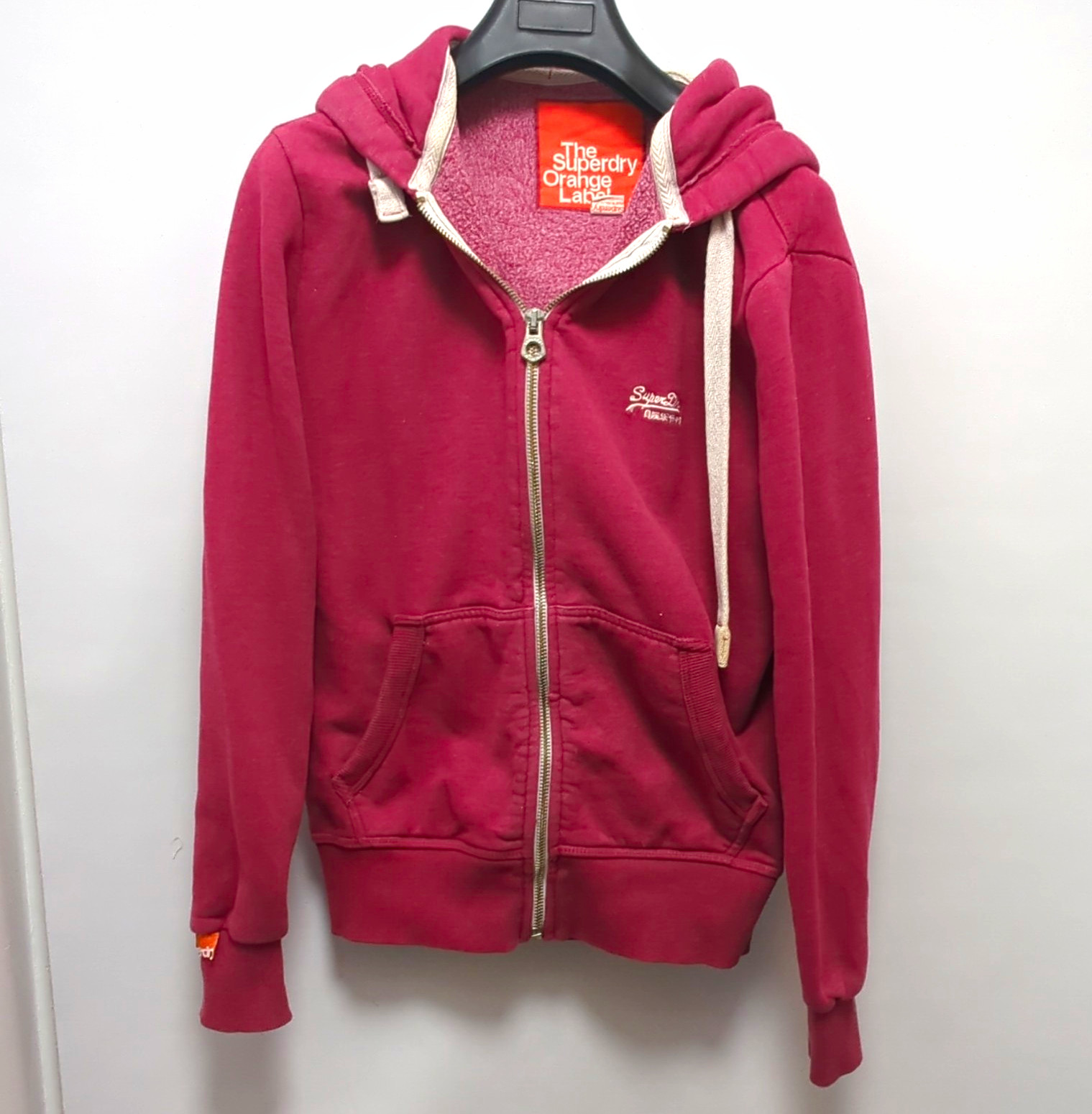 Superdry Orange Label Womens Burgundy Pink Zip Hoodie Embroidered Logo Medium