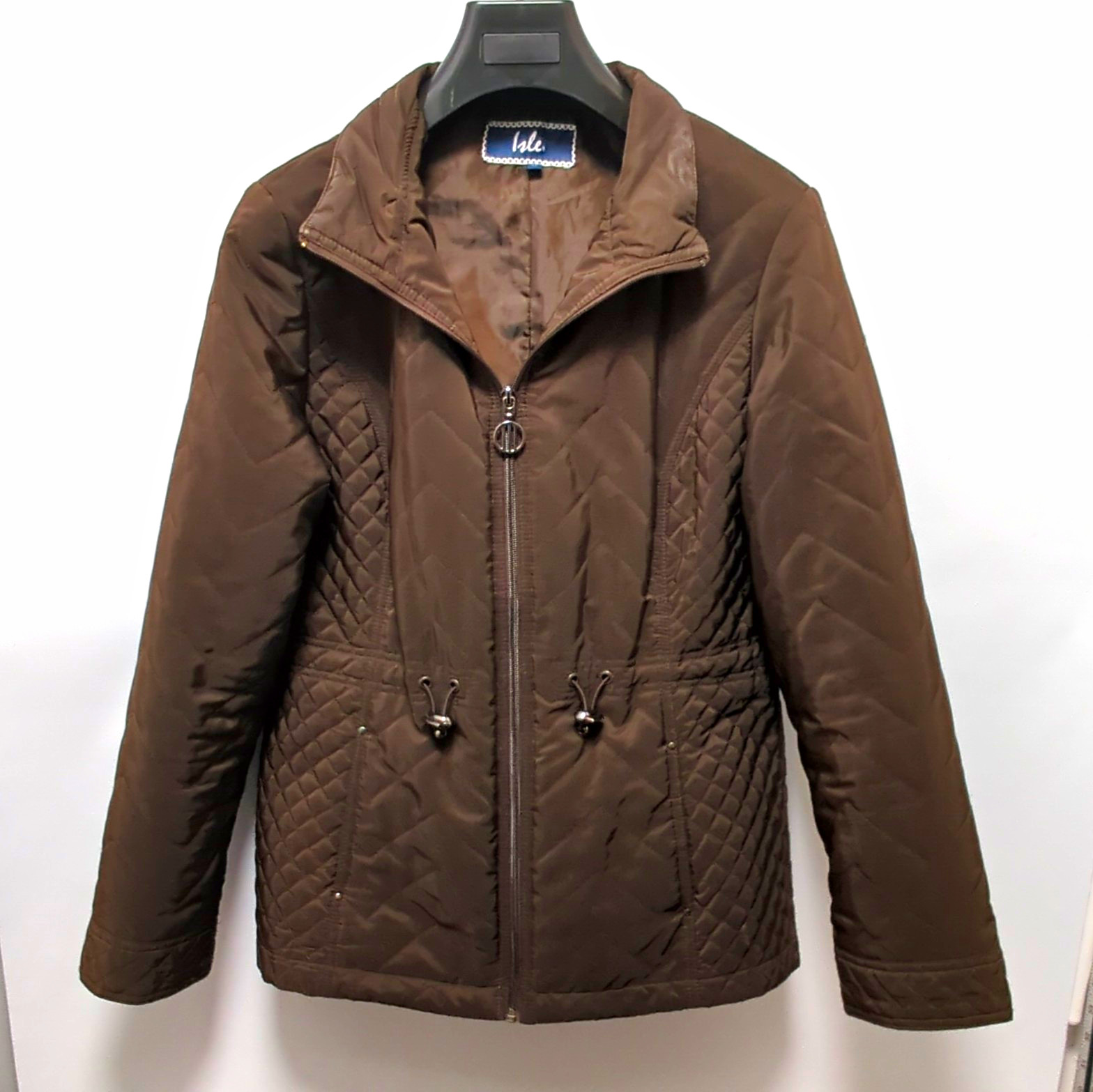 Isle Womens Brown Quilted Jacket Zip Pockets Drawstring Waist Size 12