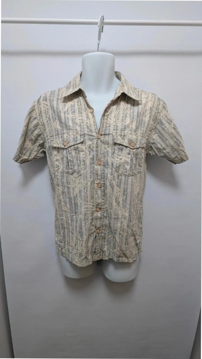 Freespirit Men’s Beige Grey Abstract Print Shirt Size Small Y2K 100% Cotton