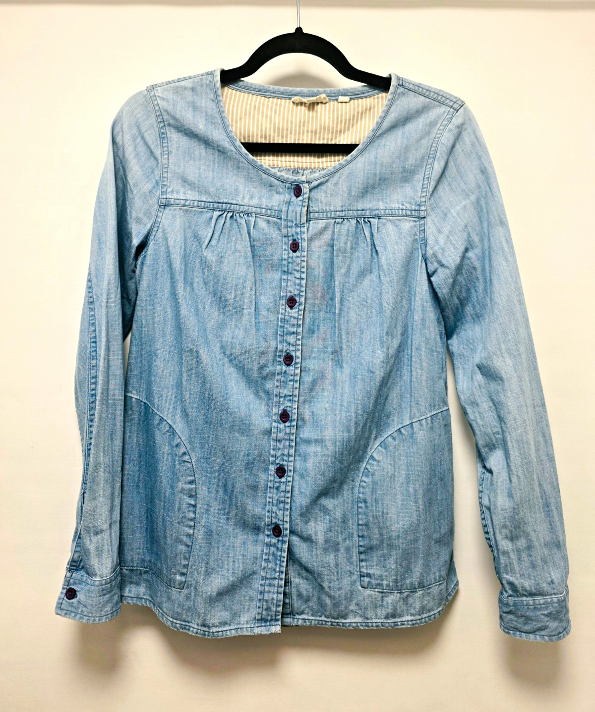 FatFace Light Blue Denim Chambray Button Front Blouse Top UK 8