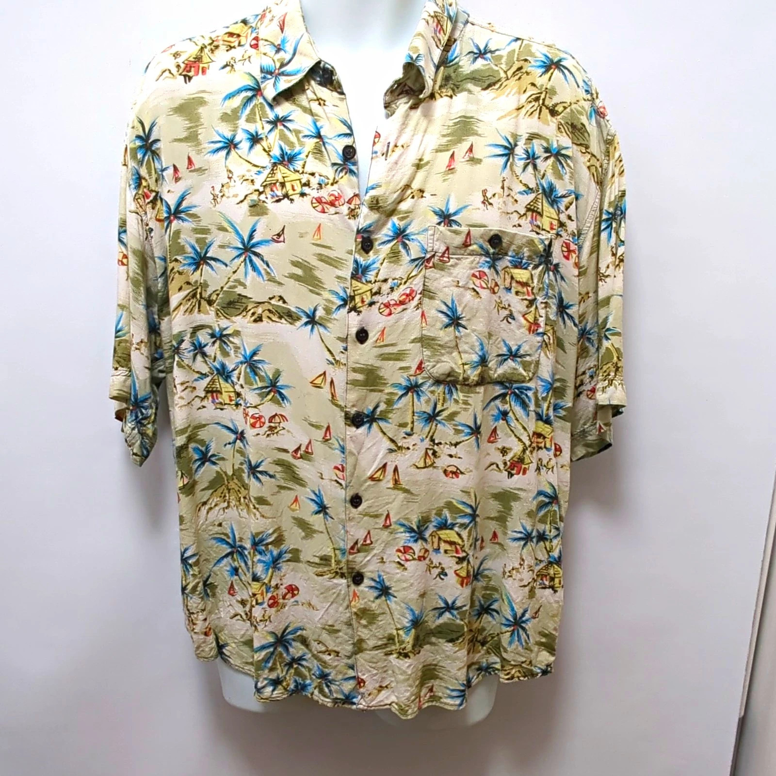 Summa Men’s Beige Floral Hawaiian Rayon Button-up Shirt Short Sleeve XL