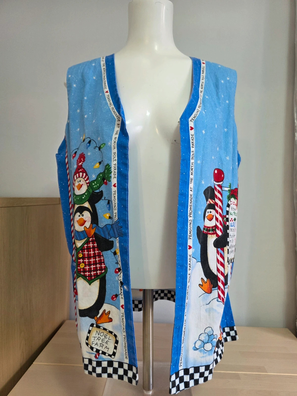 Christmas Penguin Snowman Open Front Waistcoat Blue Novelty Festive UK 16
