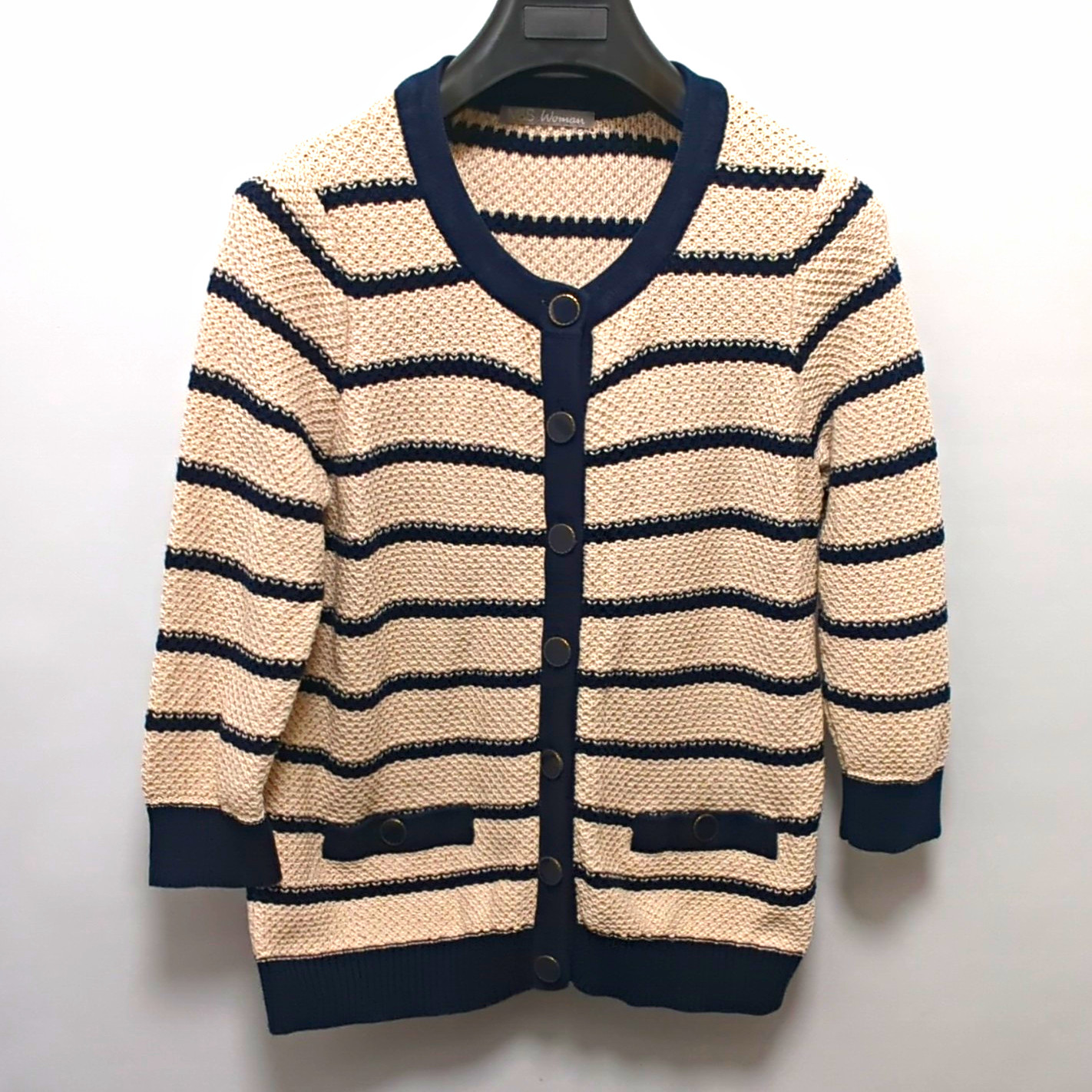 M&S Woman Womens Beige Navy Striped Knit V-Neck Button Cardigan Pockets Size M