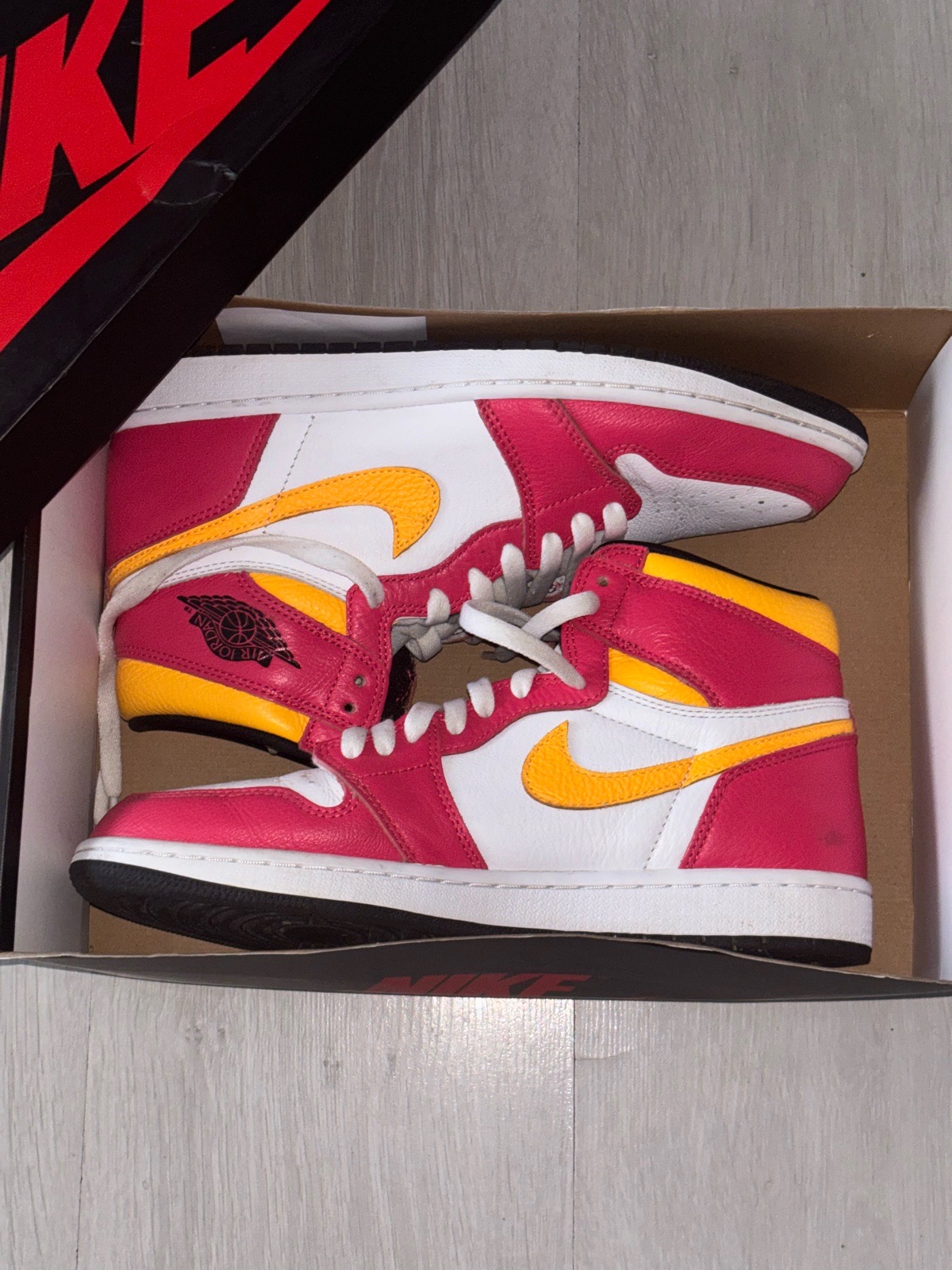Jordan 1 Retro High OG "Burgundy" sneakers with pink, white, and yellow color blocking #basketball #